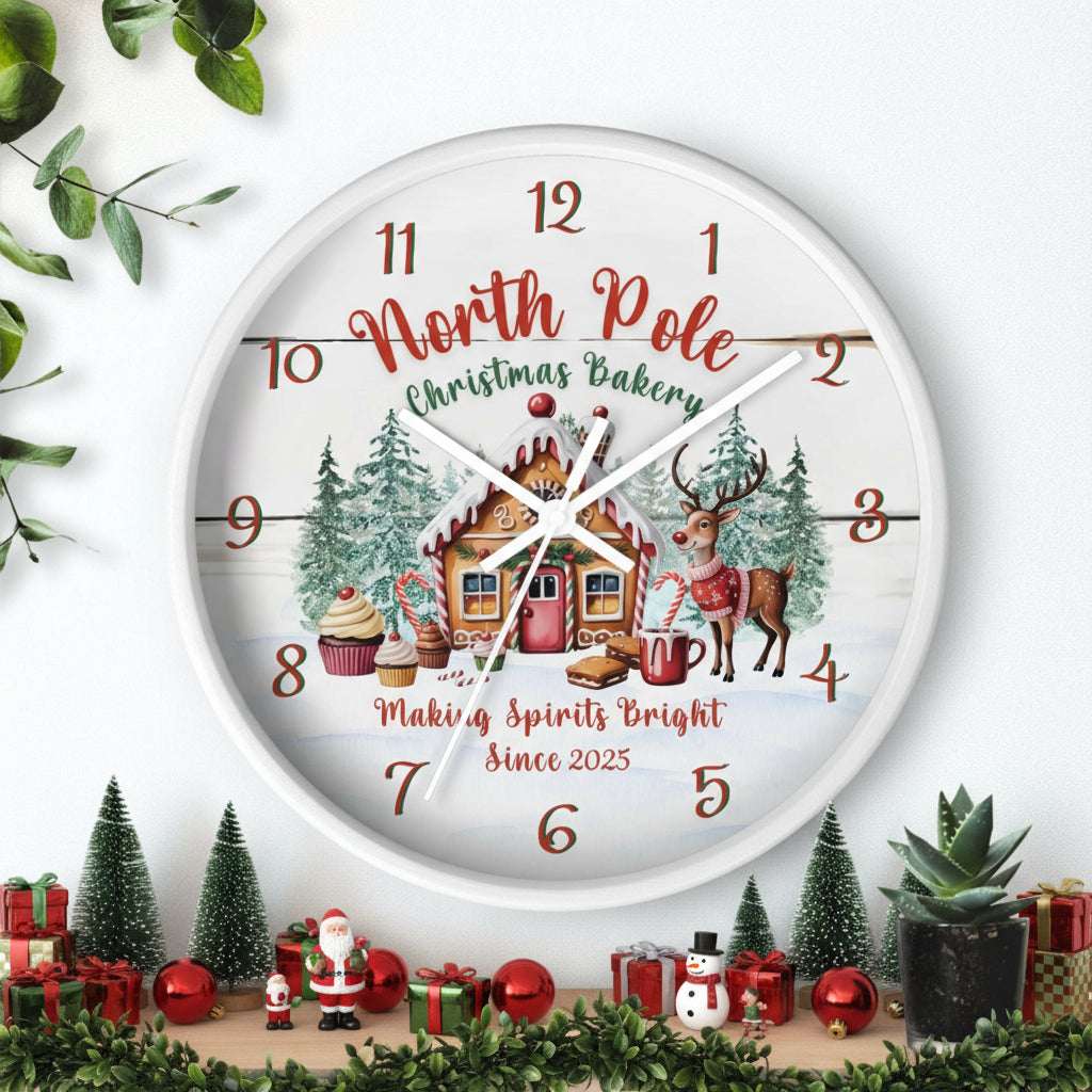 Decorative clock with Christmas-themed design on a white background