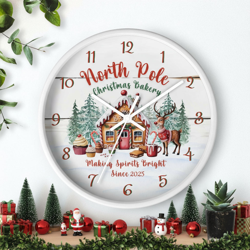 Decorative clock with Christmas-themed design on a white background