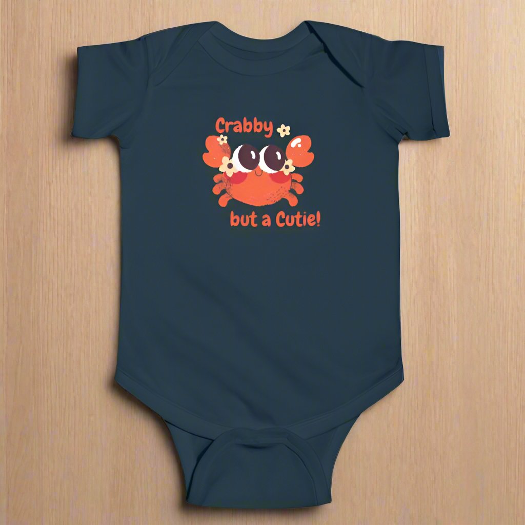 Navy short sleeved body suit with cartoon crab that says crabby but a cutie