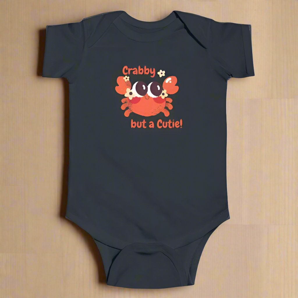 Black short sleeved body suit with cartoon crab that says crabby but a cutie