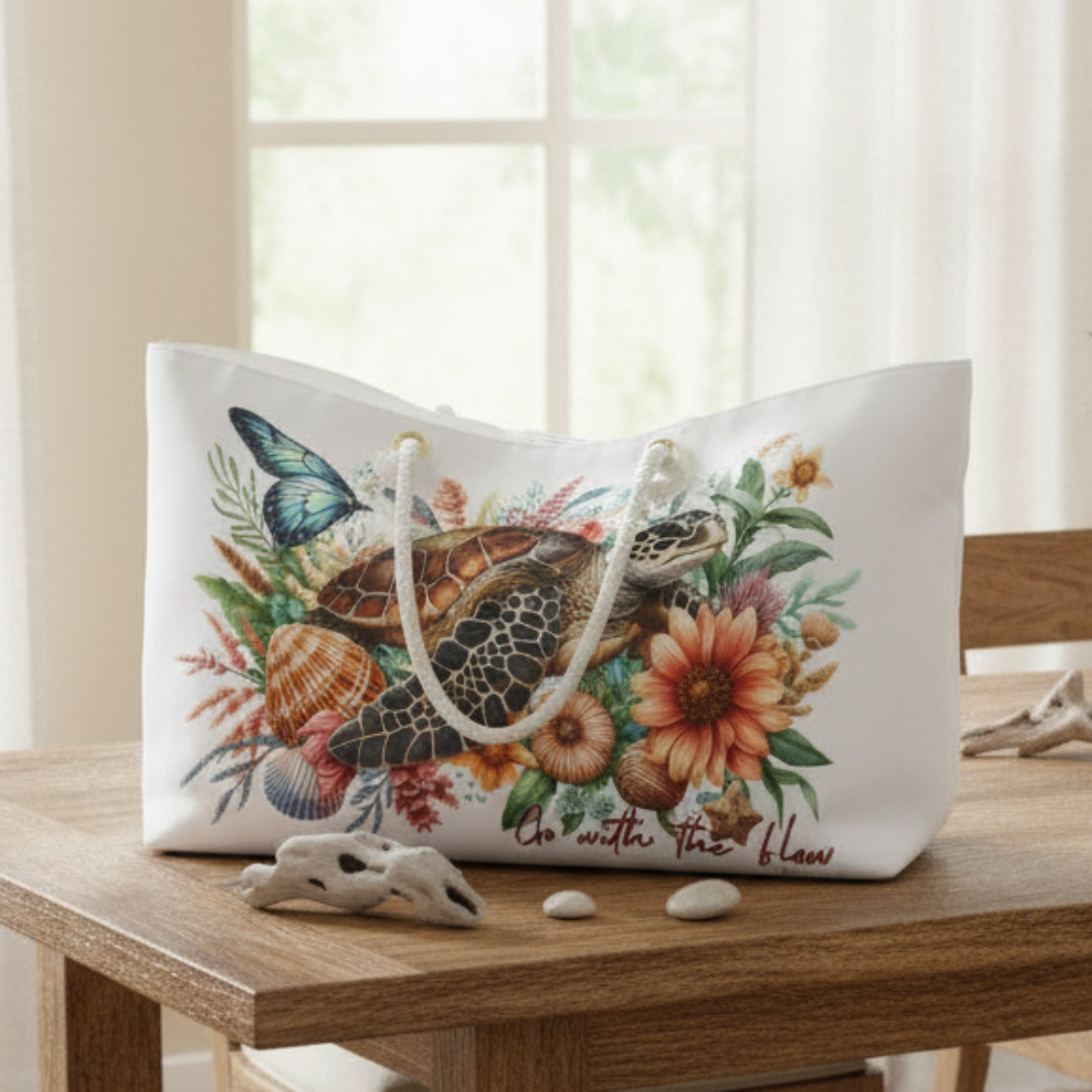 White tote bag with turtle and floral design on a white background