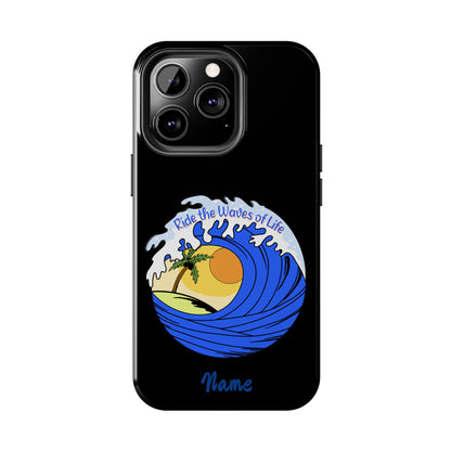 Phone case black with barrel wave with sunset in middle that says Ride the Waves of life