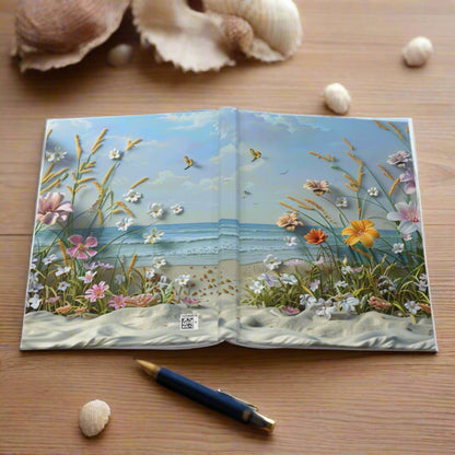 Hardcover journal with a scene of the beach with beach flowers and foliage laying open to see the front and back image