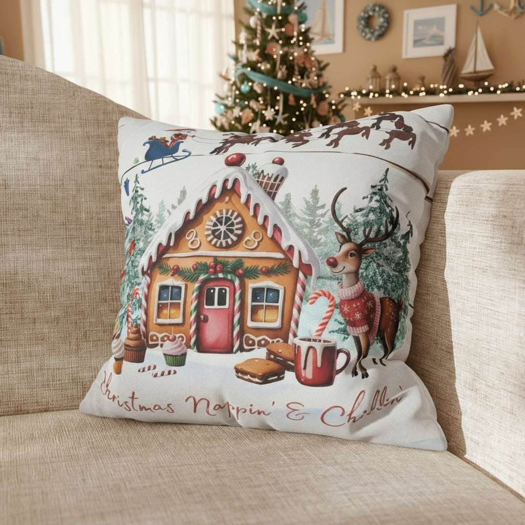 Decorative Christmas pillow with gingerbread house and reindeer on a couch.