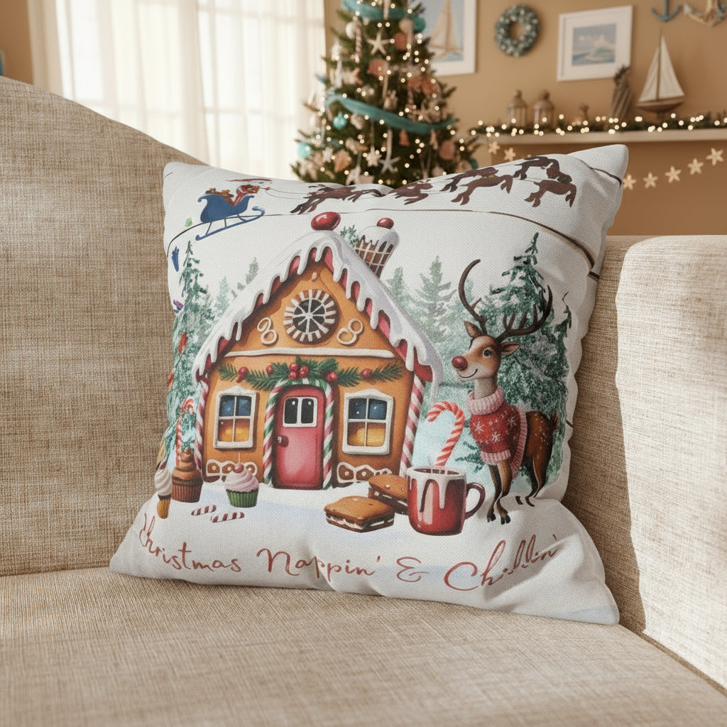 Decorative Christmas pillow with gingerbread house and reindeer on a couch.