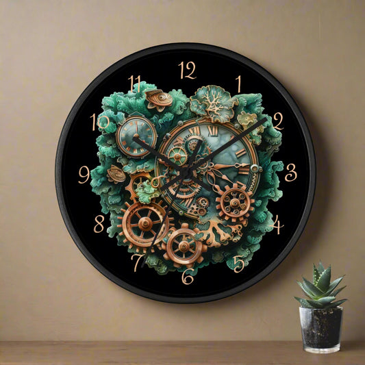 Decorative wall clock with intricate steampunk design on a white background.