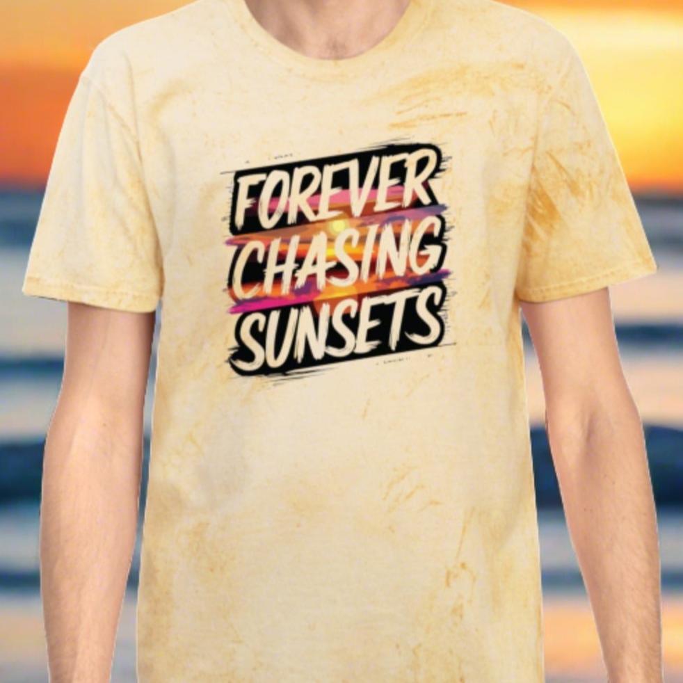 a citrine color burst t-shirt that has a sunset on it with the words chasing sunsets on it.