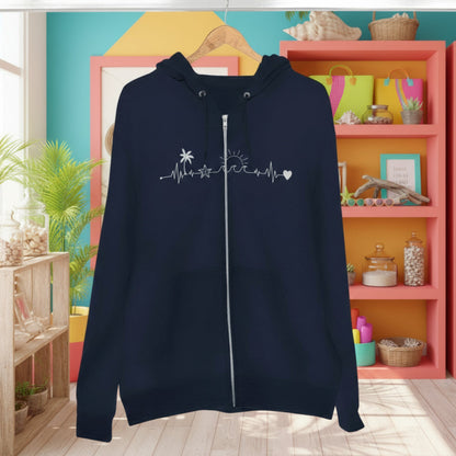 Navy blue hoodie with white designs on a wooden hanger against a white background