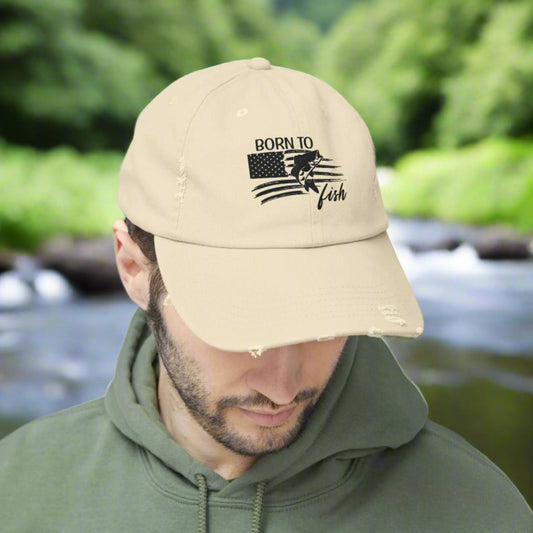 Born to Fish Unisex Distressed Cap - Perfect for Anglers and Outdoor Enthusiasts  Hats  Everythings Beachy