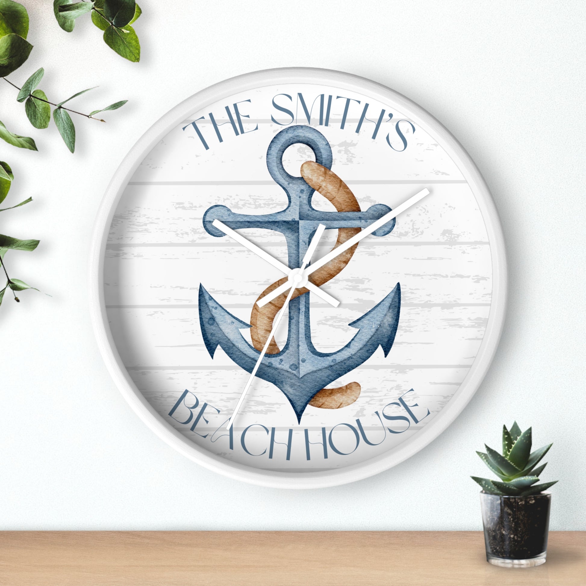 10" round wall clock white frame white hands blue anchor with the text Personalized Name Beach House.