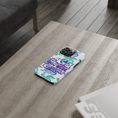 Iphone case with turquoise, blue and purple sea turtles that says  Just a Girl Who Loves Sea turtles laying on table