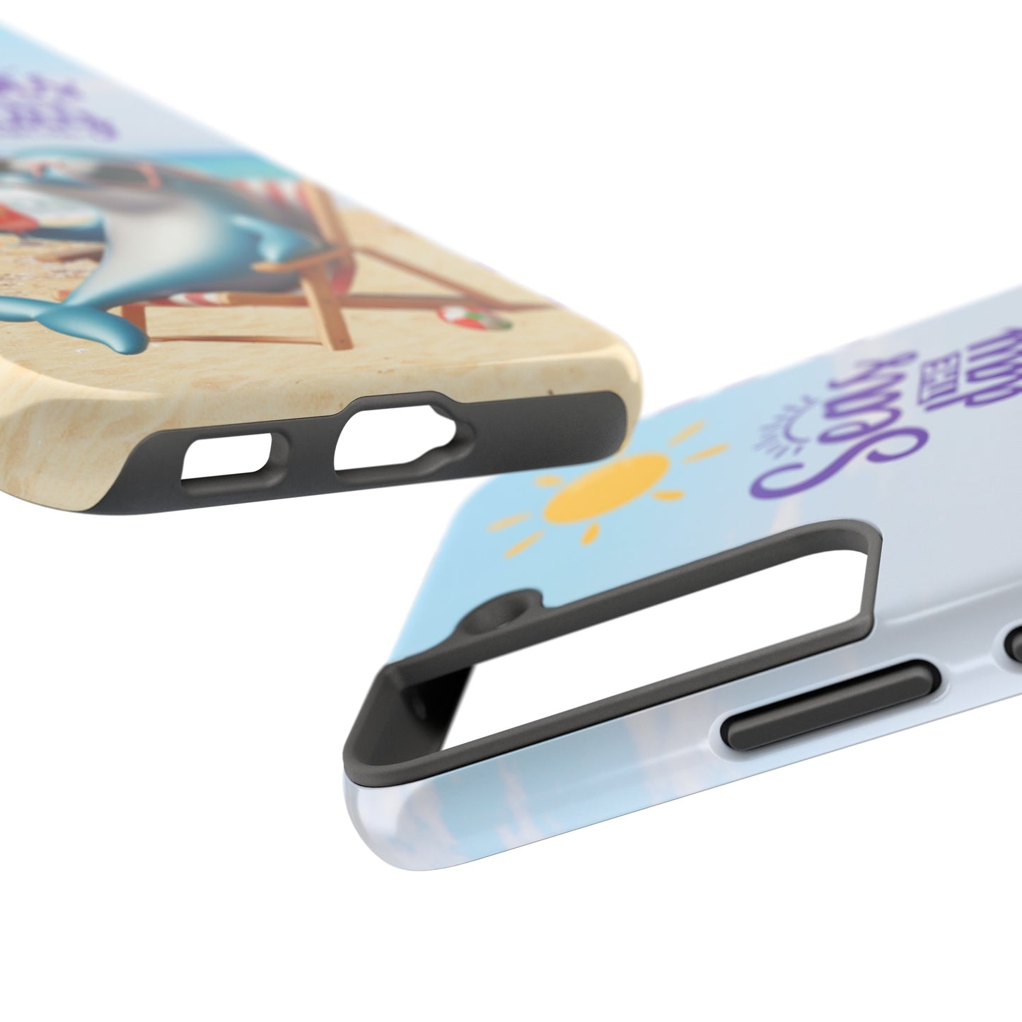 Top and bottom of Samsung Phone Case Dolphin sitting in beach lounge chair on beach with text Seas The Day