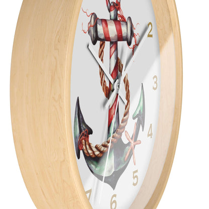 Wall clock with nautical design featuring an anchor, rope, and starfish on a white background.