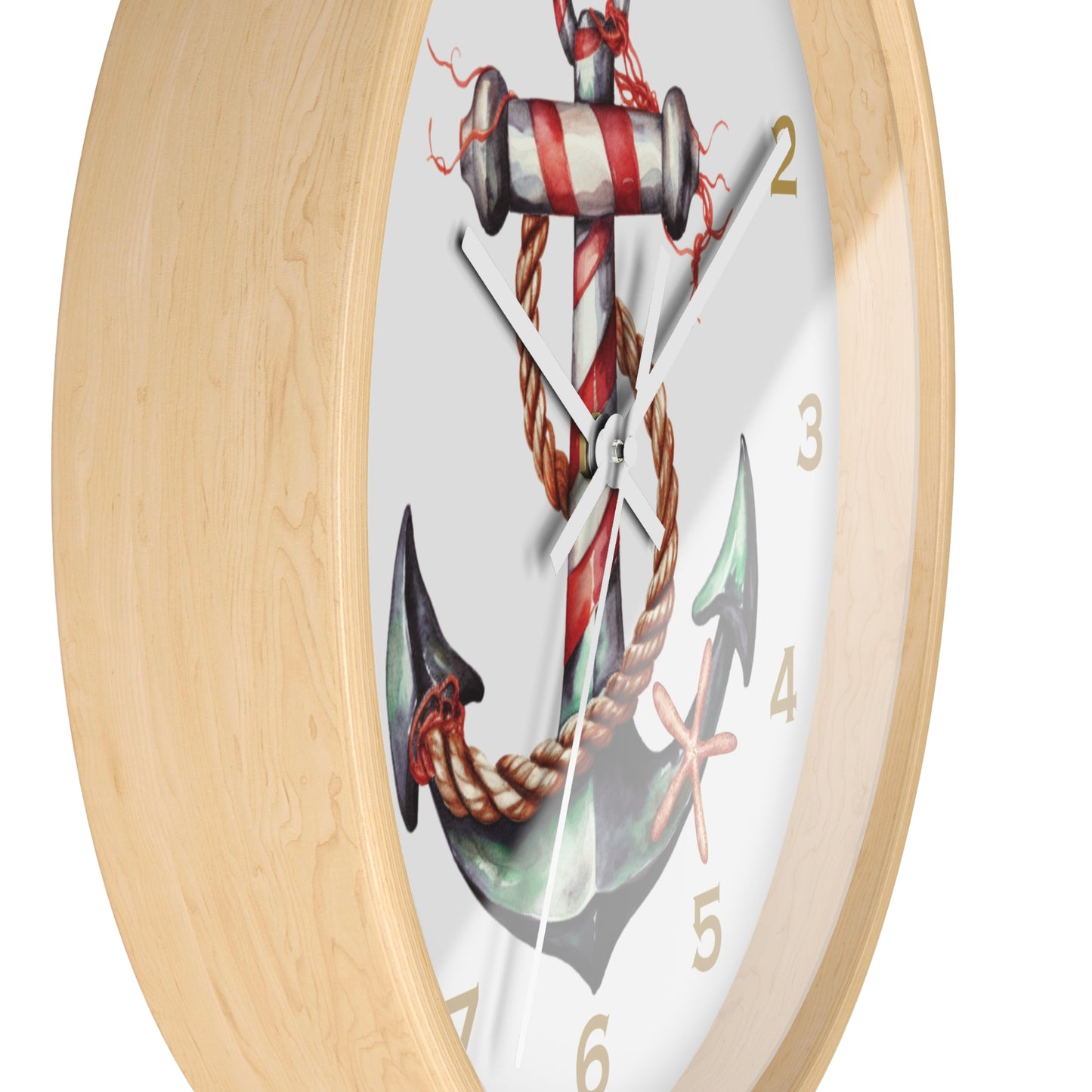 Wall clock with nautical design featuring an anchor, rope, and starfish on a white background.