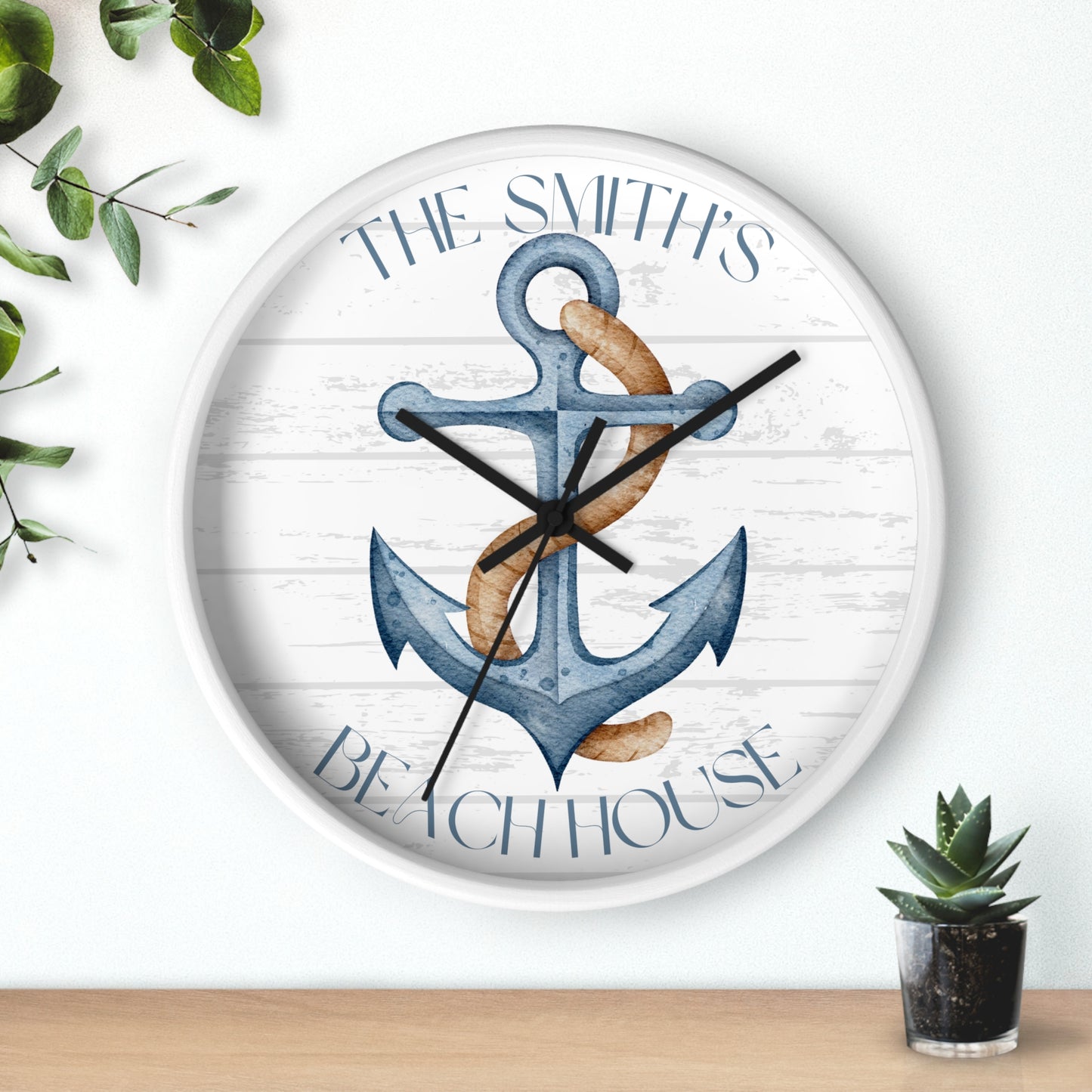 10" round wall clock white frame black hands blue anchor with the text Personalized Name Beach House.