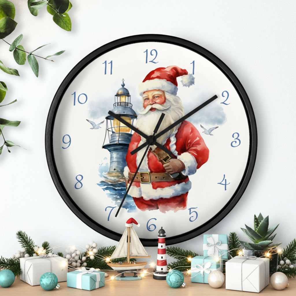Wall clock with Santa Claus design featuring a lighthouse, on a white background.