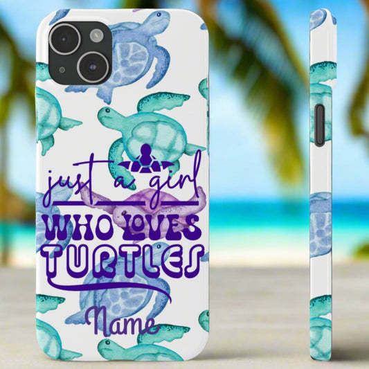 Iphone case with turquoise, blue and purple sea turtles that says  Just a Girl Who Loves Sea turtles