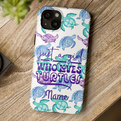 Phone case with sea turtle design and text on a wooden surface