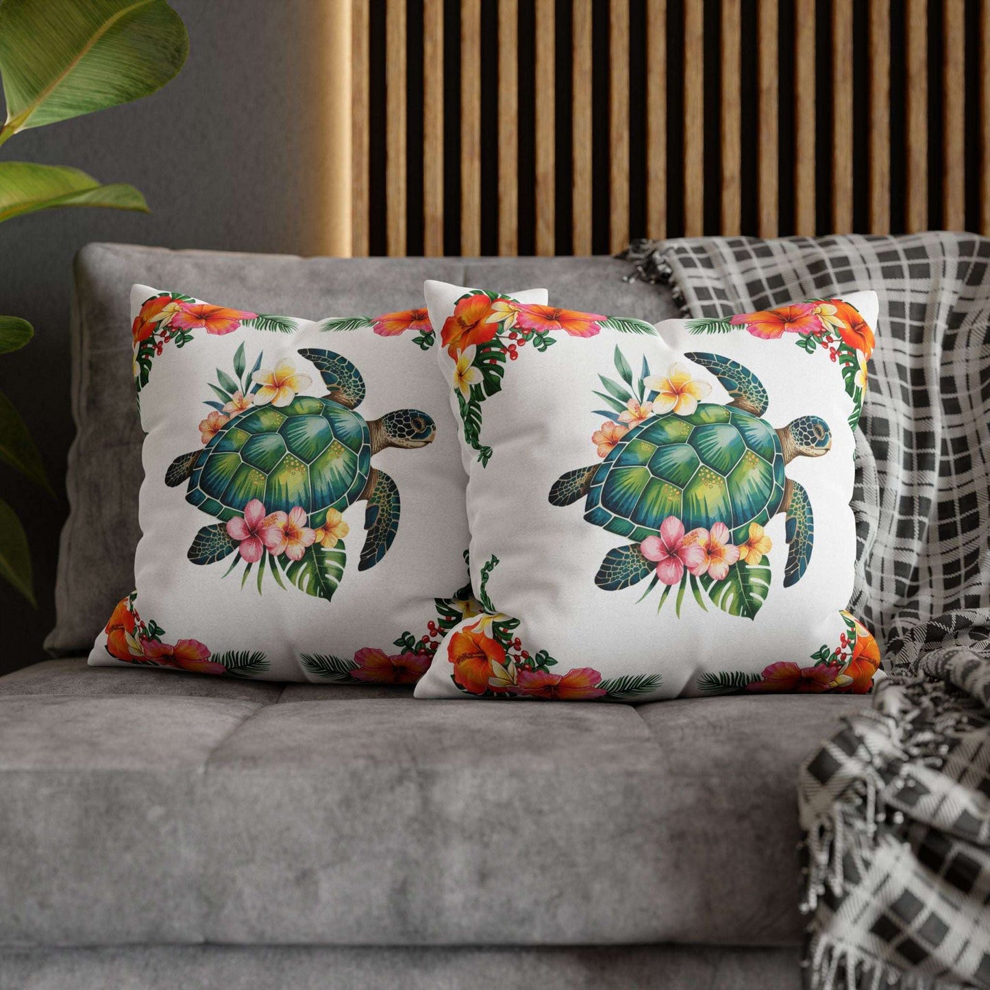 Two 18" x 18" white pillowcase with hibiscus flowers and a sea turtle design.