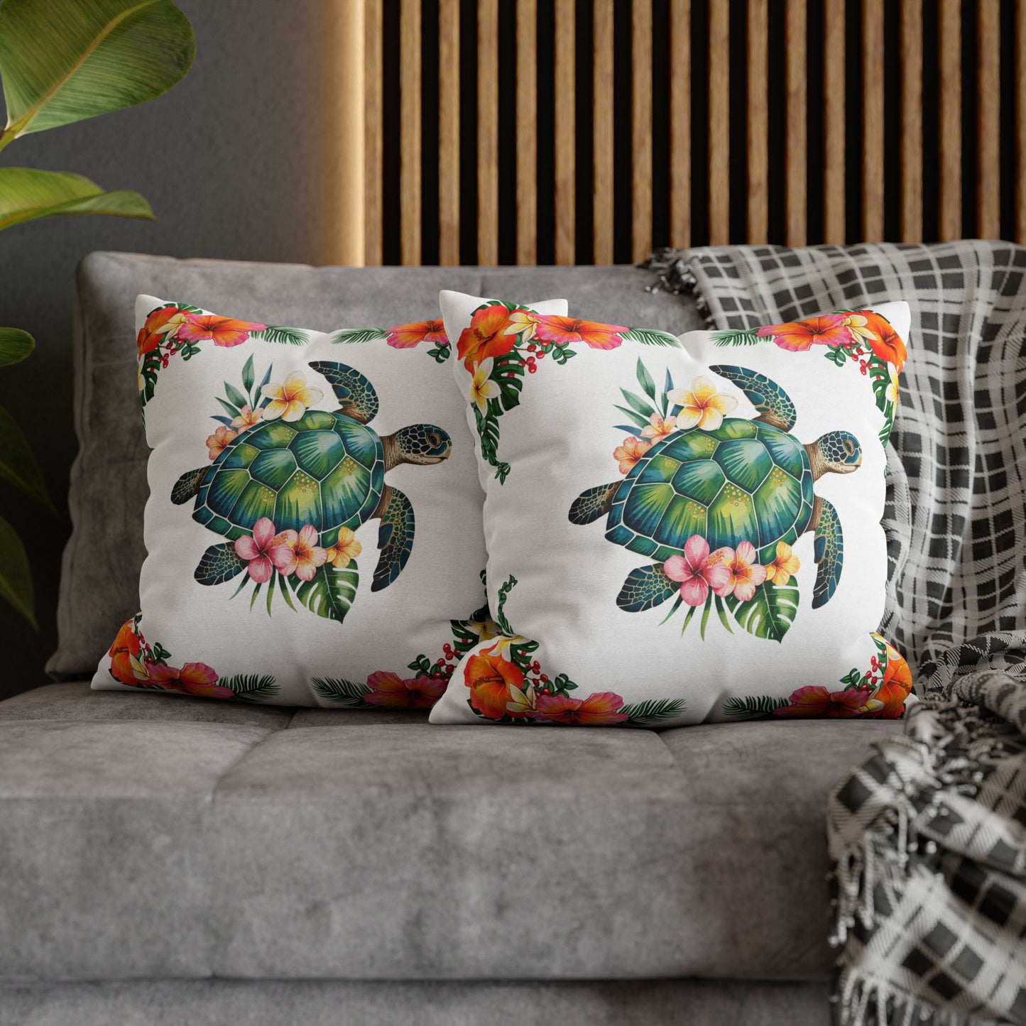 Two 18" x 18" white pillowcase with hibiscus flowers and a sea turtle design.