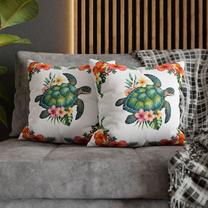 Two 18" x 18" white pillowcase with hibiscus flowers and a sea turtle design.