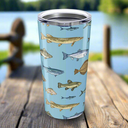 20oz stainless steel tumbler with blue background featuring realistic fish design, glossy finish, and spill-resistant lid.