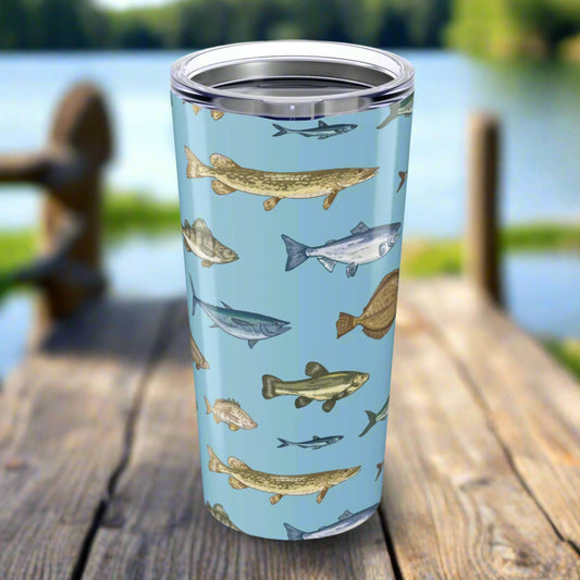 20oz stainless steel tumbler with blue background featuring realistic fish design, glossy finish, and spill-resistant lid.
