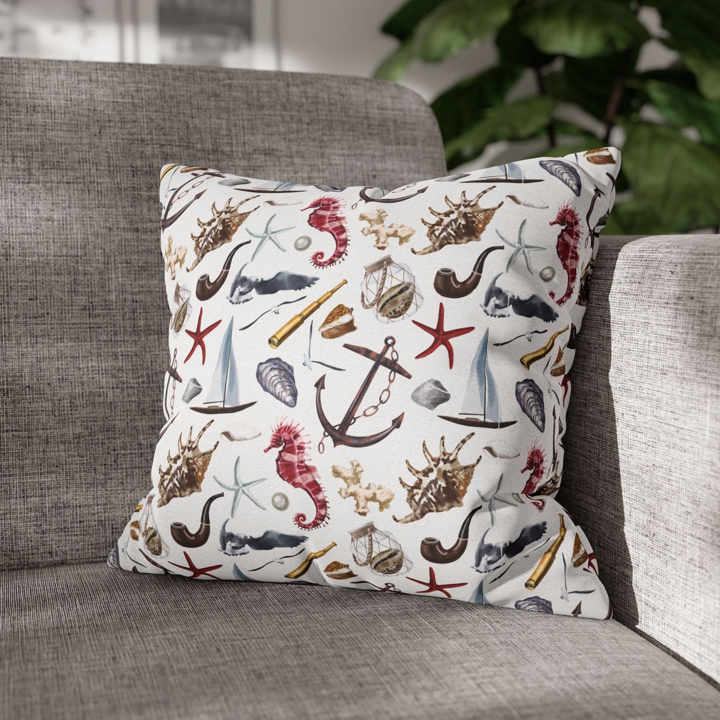 16" x 16" white pillowcase featuring detailed graphics of anchors, seashells, sailboats, and seahorses in a nautical-themed pattern.