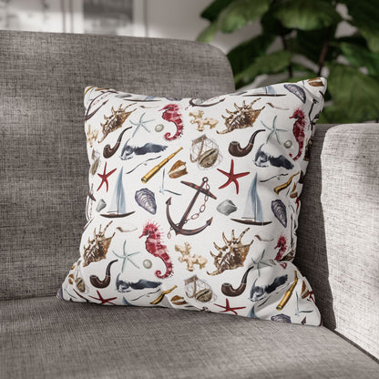16" x 16" white pillowcase featuring detailed graphics of anchors, seashells, sailboats, and seahorses in a nautical-themed pattern.