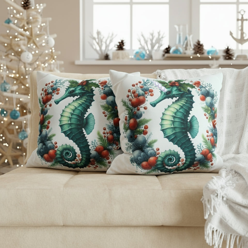 Decorative pillows with seahorse designs on a sofa