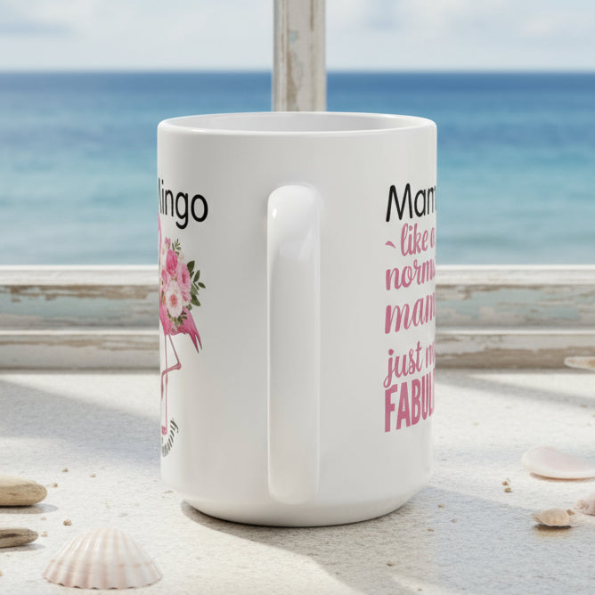 White mug with text and graphics on a white background