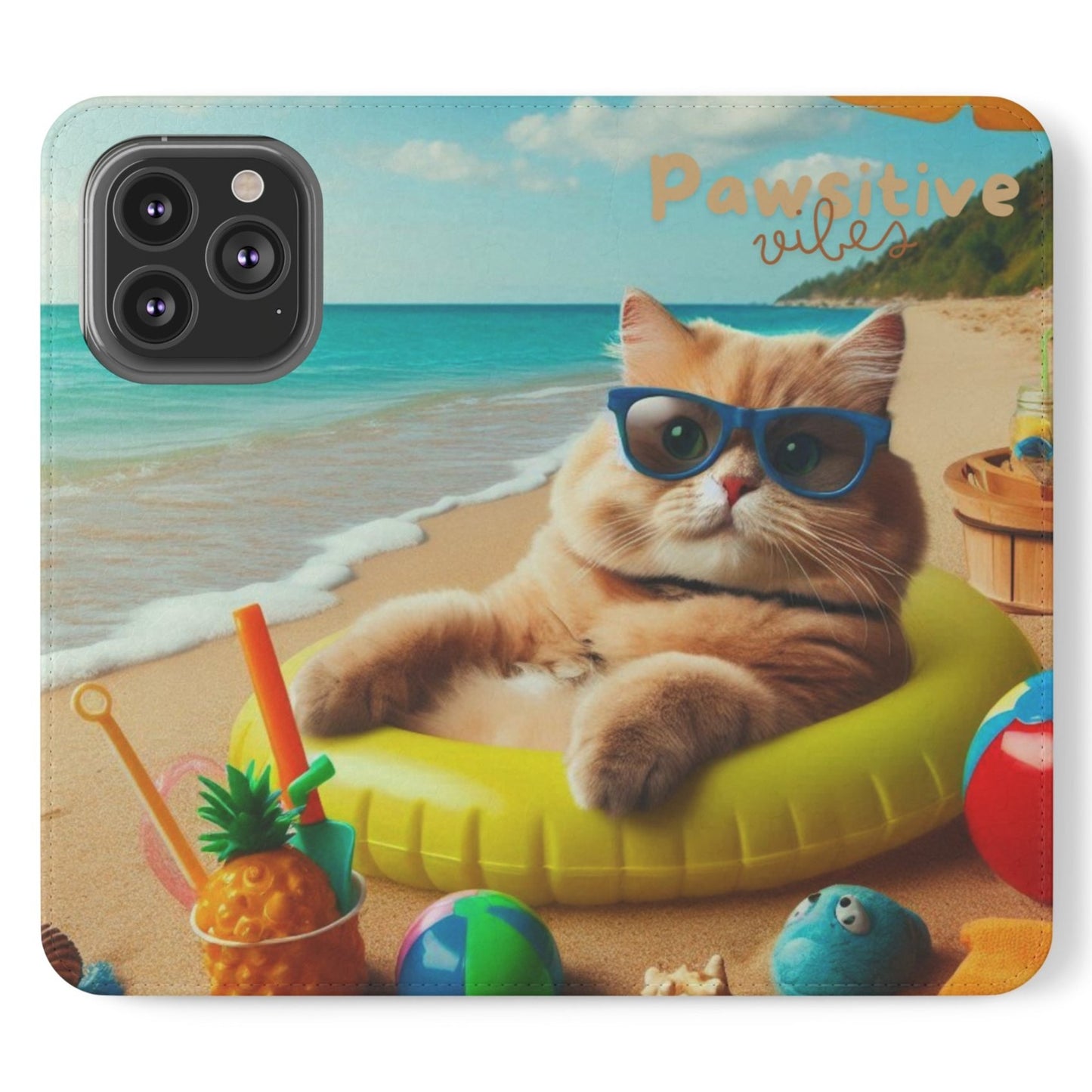 Opened phone case wallet with picture of cat lounging on beach with pool toys and drinks surrounding the cat with the text Pawitive Vibes.