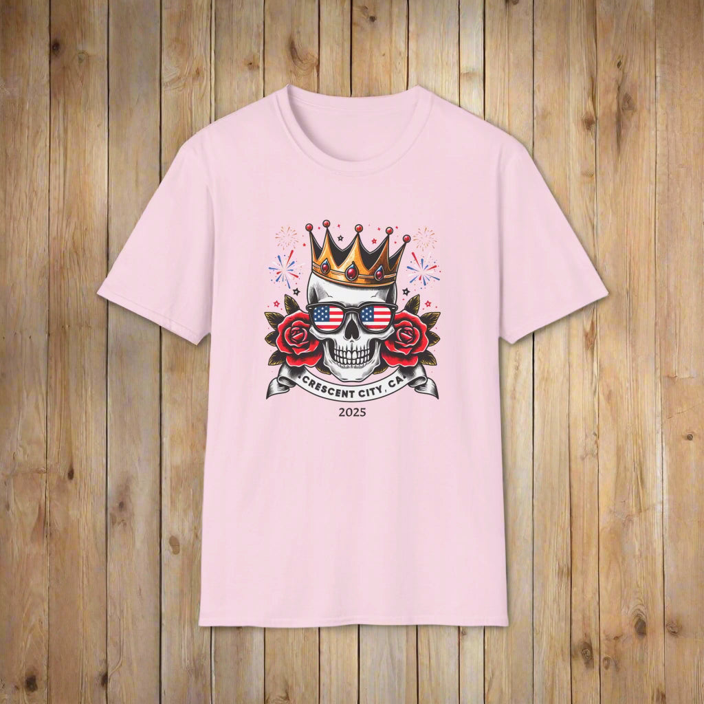 Pink T-shirt with a graphic of a skull, roses, crown, and Crescent City, CA text below.