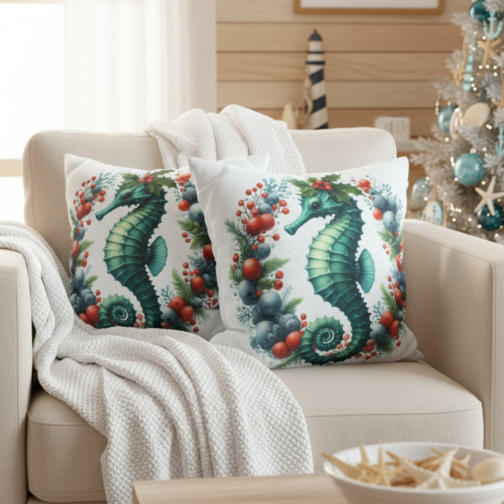 Decorative pillows with seahorse designs on a gray sofa.