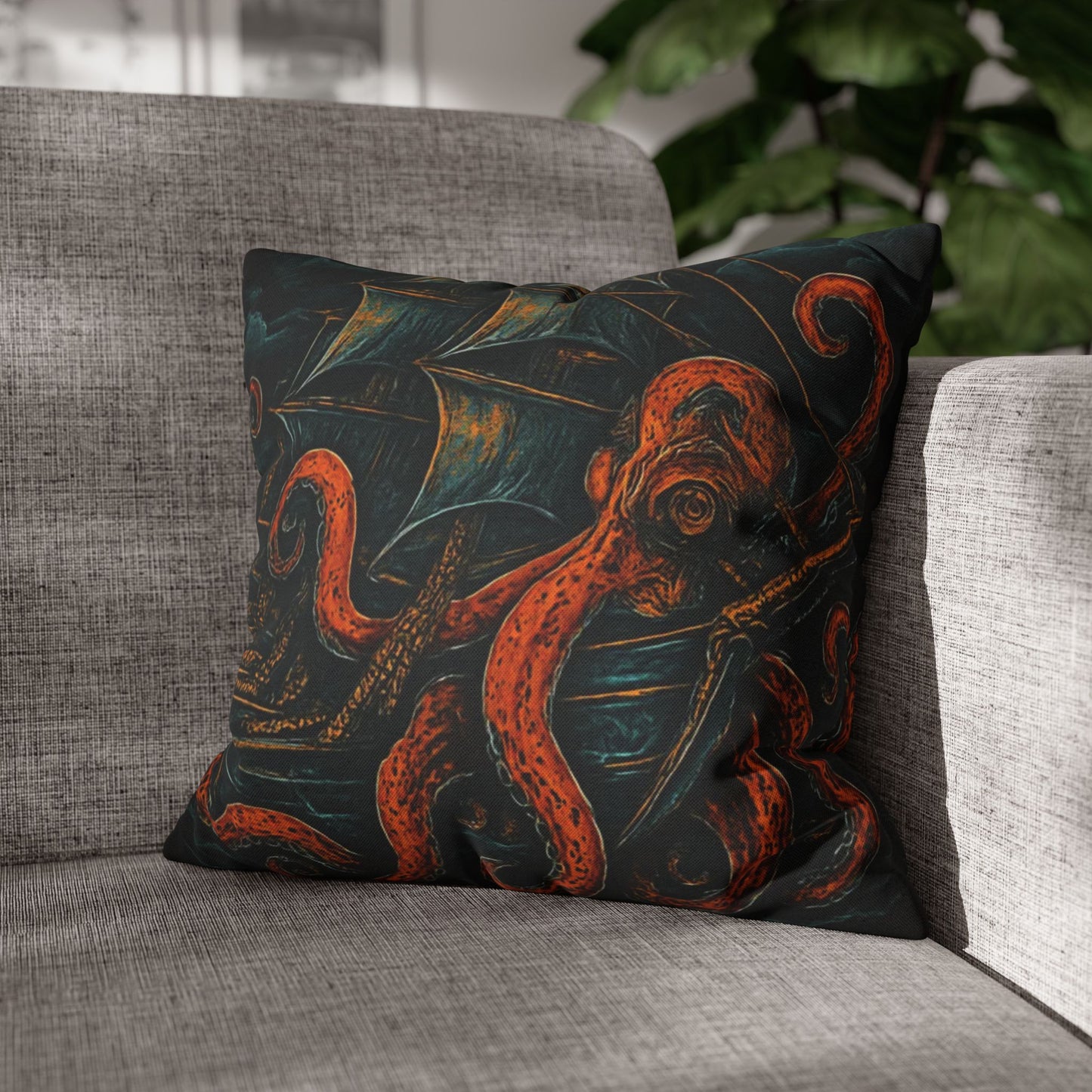 16" x 16" Black pillowcase with a design of a large octopus enveloping an old sail ship.