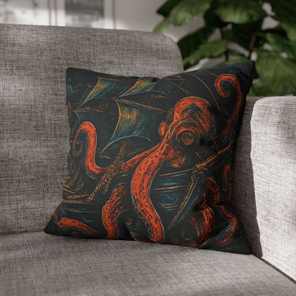 16" x 16" Black pillowcase with a design of a large octopus enveloping an old sail ship.