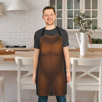 Person wearing a novelty Bigfoot apron with adjustable straps.