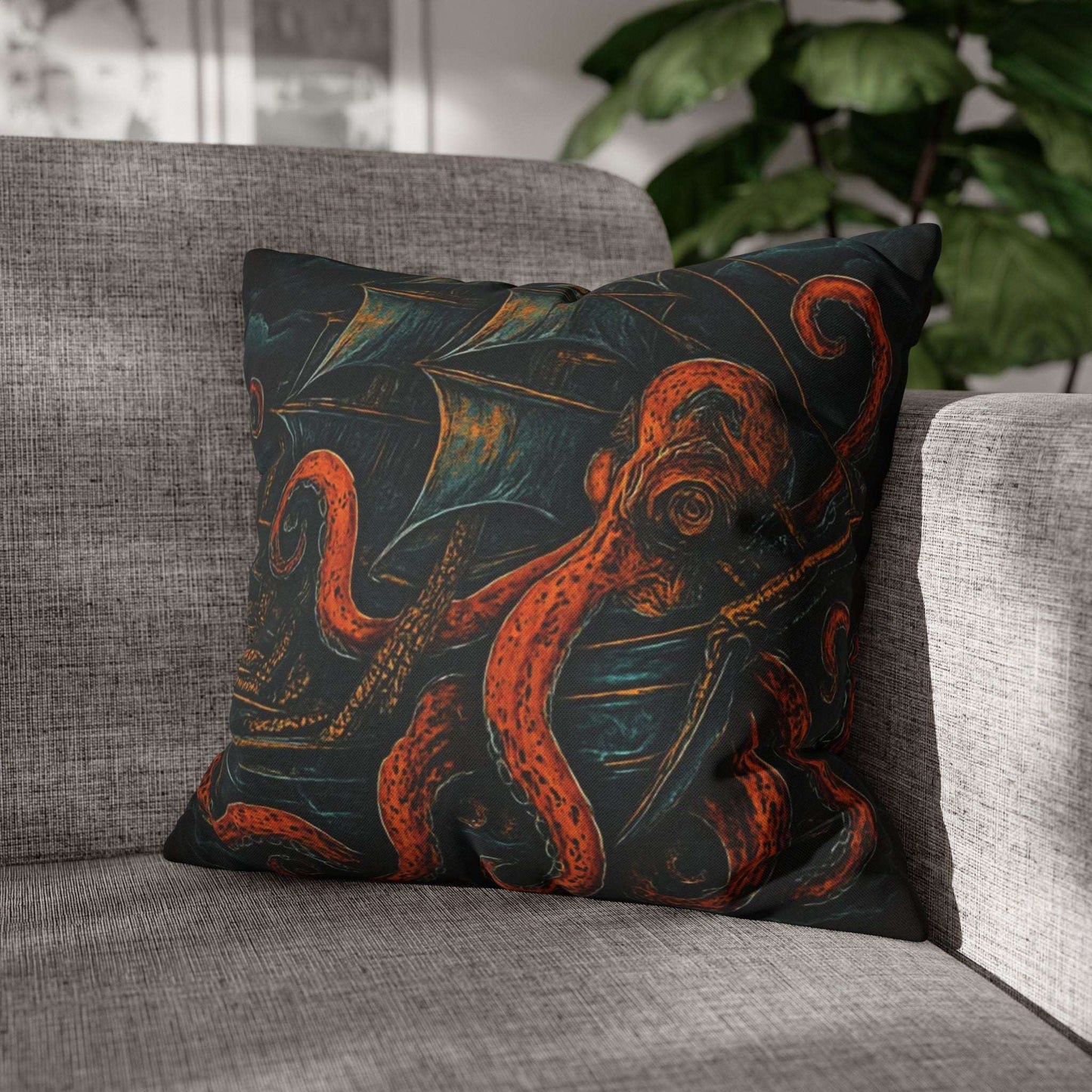 18" x 18" Black pillowcase with a design of a large octopus enveloping an old sail ship.