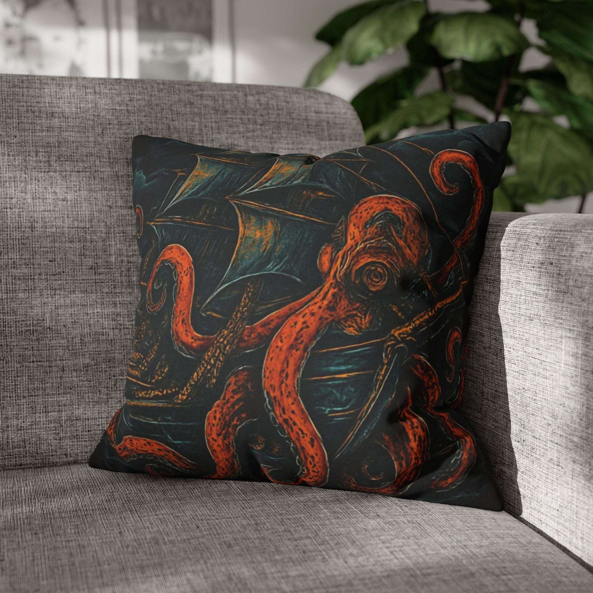 18" x 18" Black pillowcase with a design of a large octopus enveloping an old sail ship.