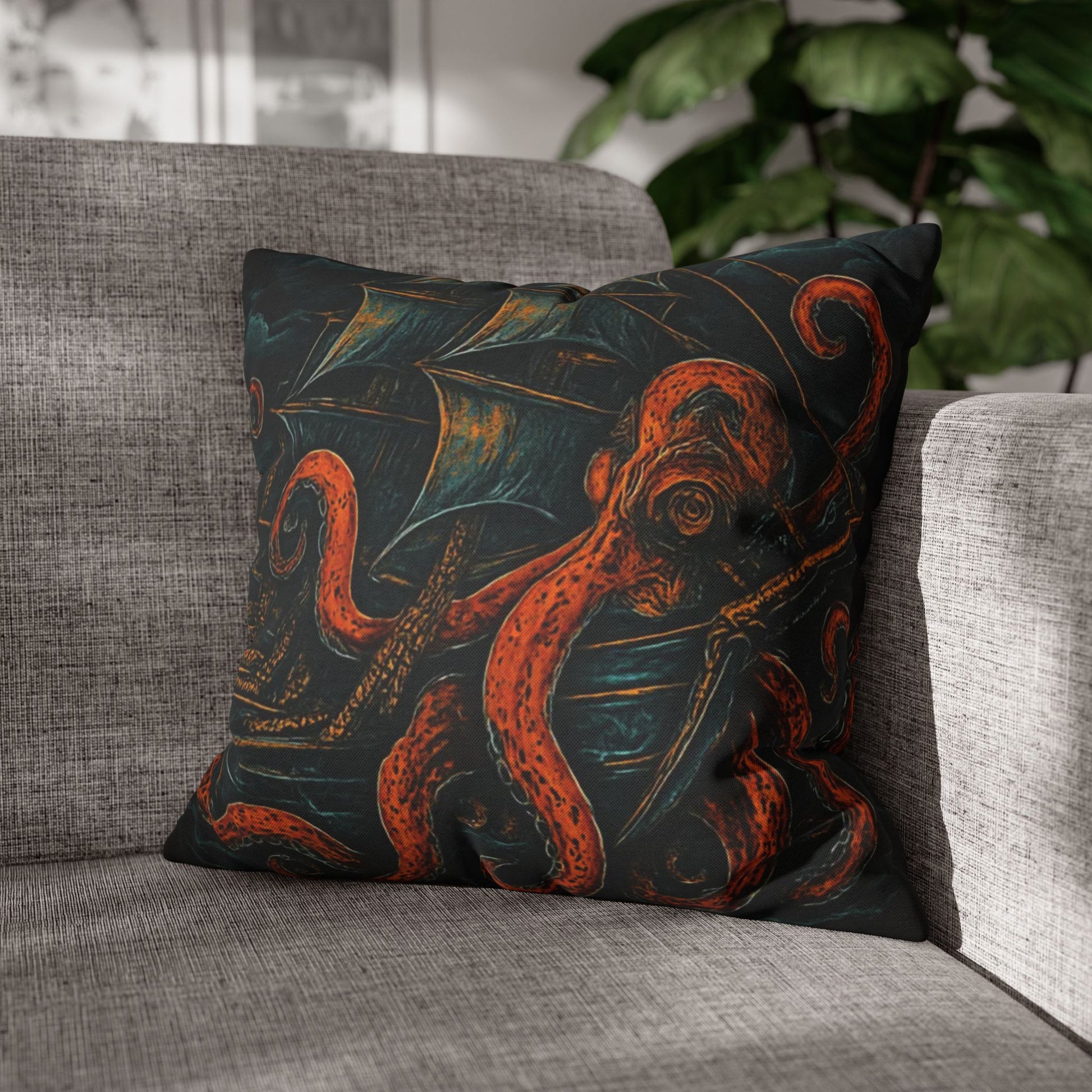18" x 18" Black pillowcase with a design of a large octopus enveloping an old sail ship.