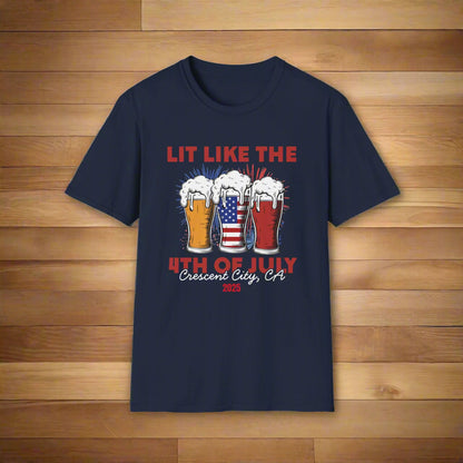 Navy t-shirt featuring three pint glasses—one filled with the American flag with slogan Lit Like the 4th of July Crescent City, CA 2025.