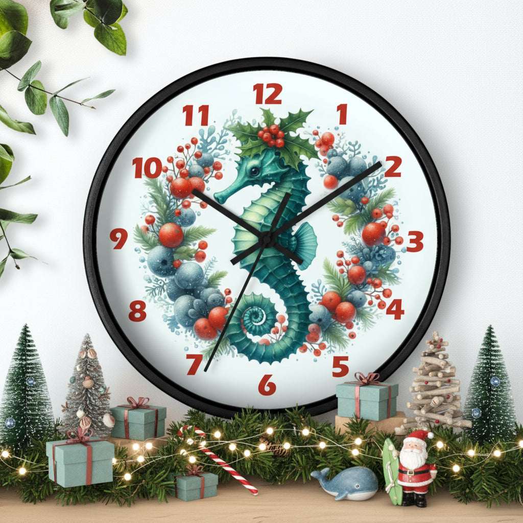 Decorative wall clock with a seahorse design on a white background