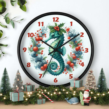 Decorative wall clock with a seahorse design on a white background