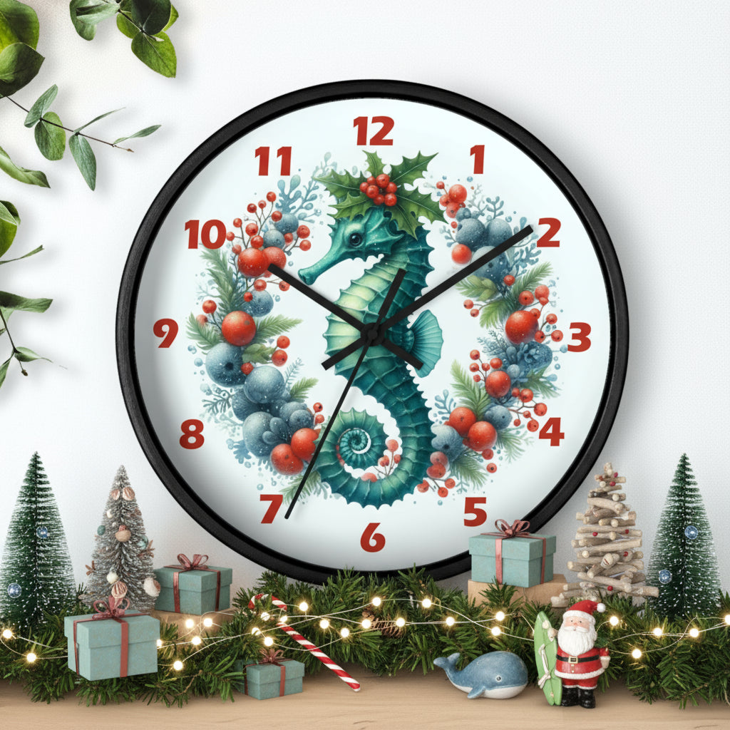 Decorative wall clock with a seahorse design on a white background