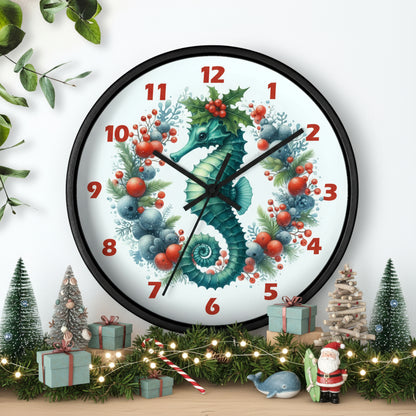 Decorative wall clock with a seahorse design on a white background