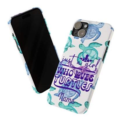 Two side view of Iphone case with turquoise, blue and purple sea turtles that says  Just a Girl Who Loves Sea turtles