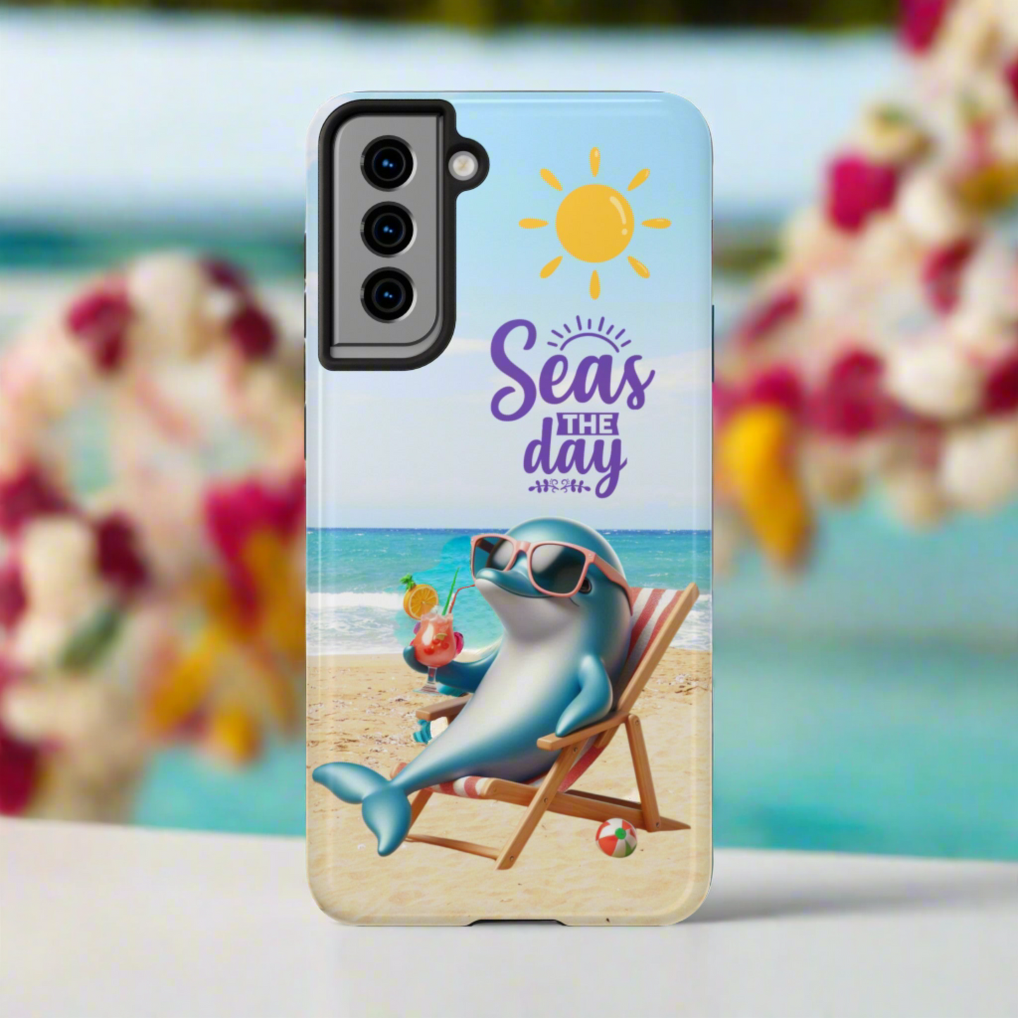 Samsung Phone Case Dolphin sitting in beach lounge chair on beach with text Seas The Day