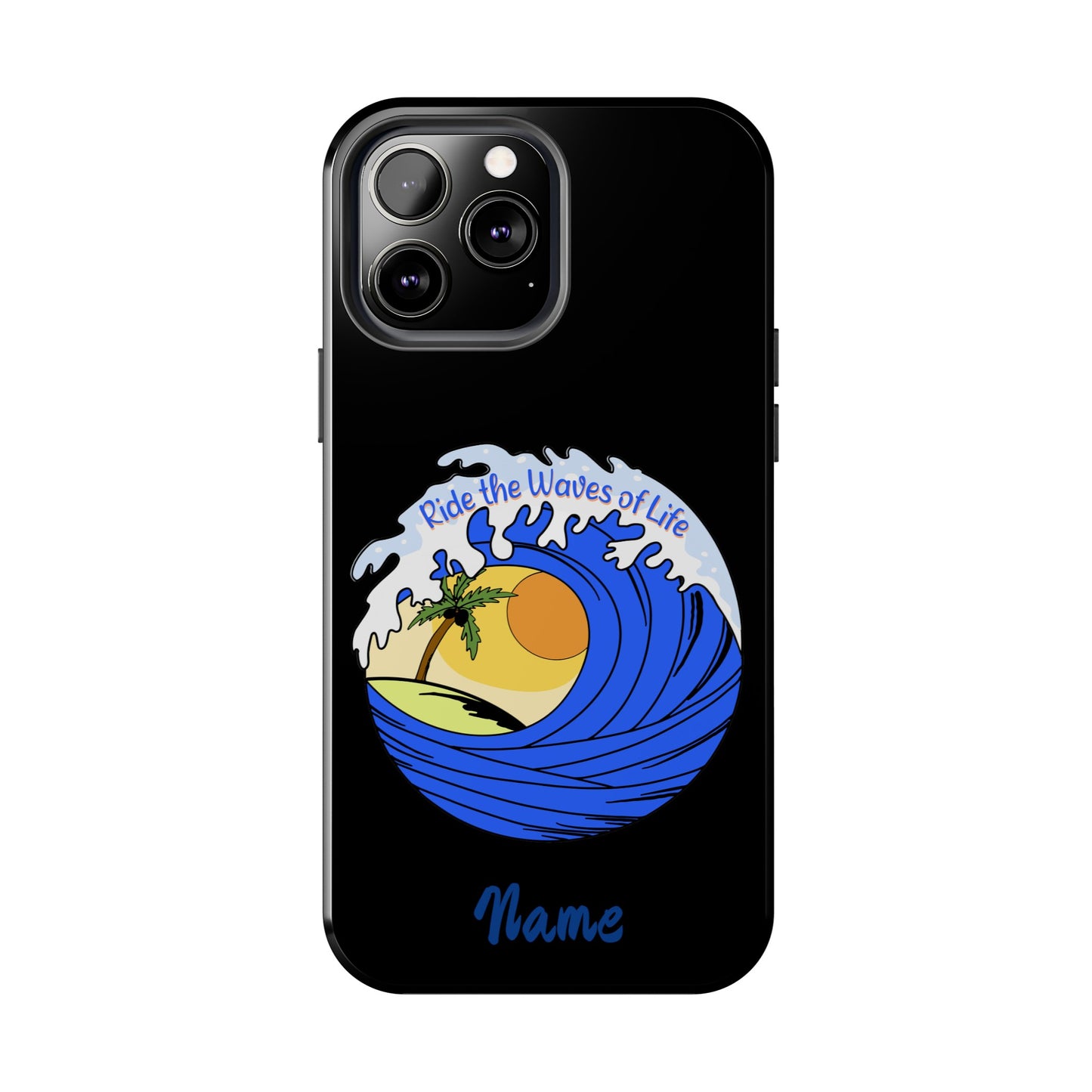 Phone case black with barrel wave with sunset in middle that says Ride the Waves of life