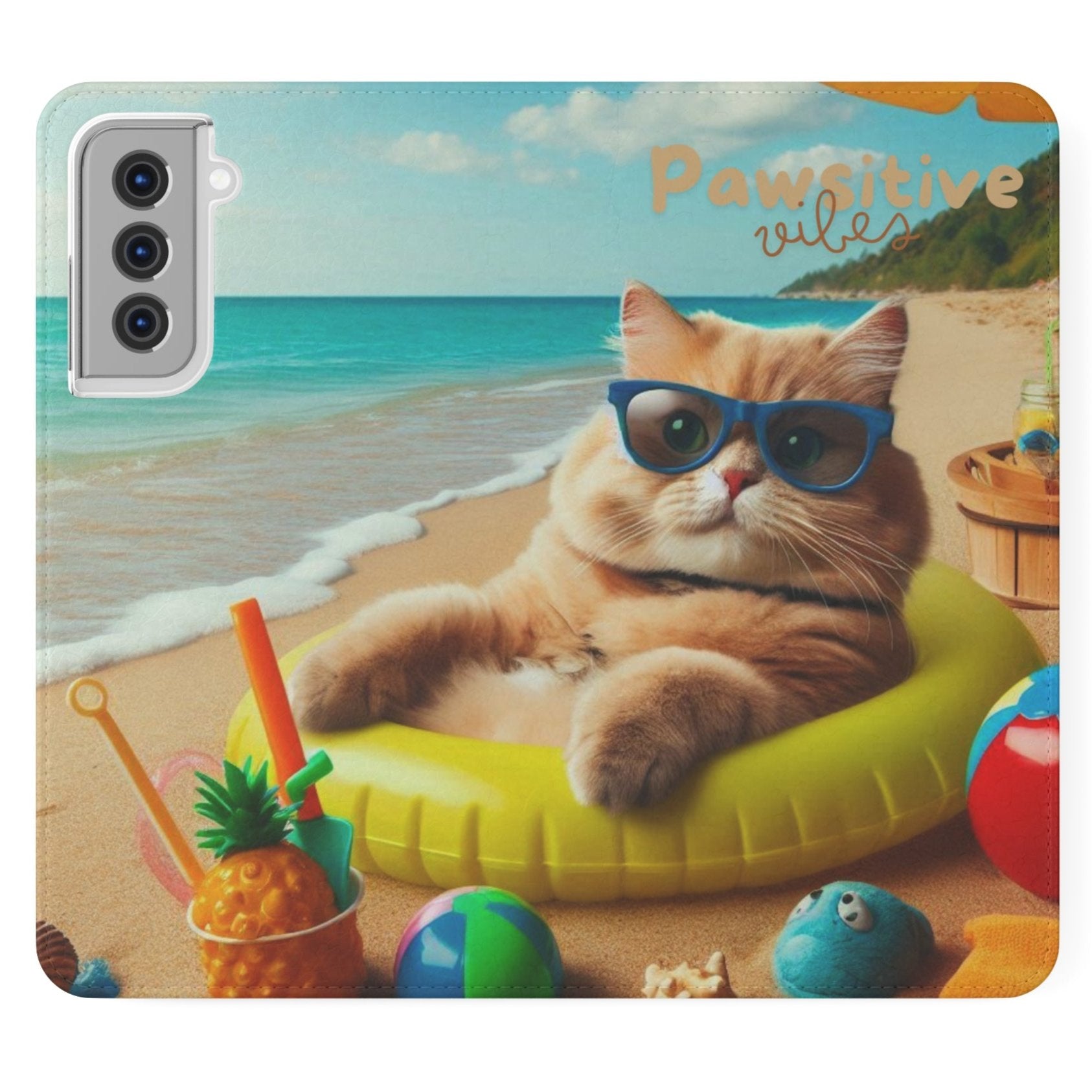 Opened phone case wallet with picture of cat lounging on beach with pool toys and drinks surrounding the cat with the text Pawitive Vibes.