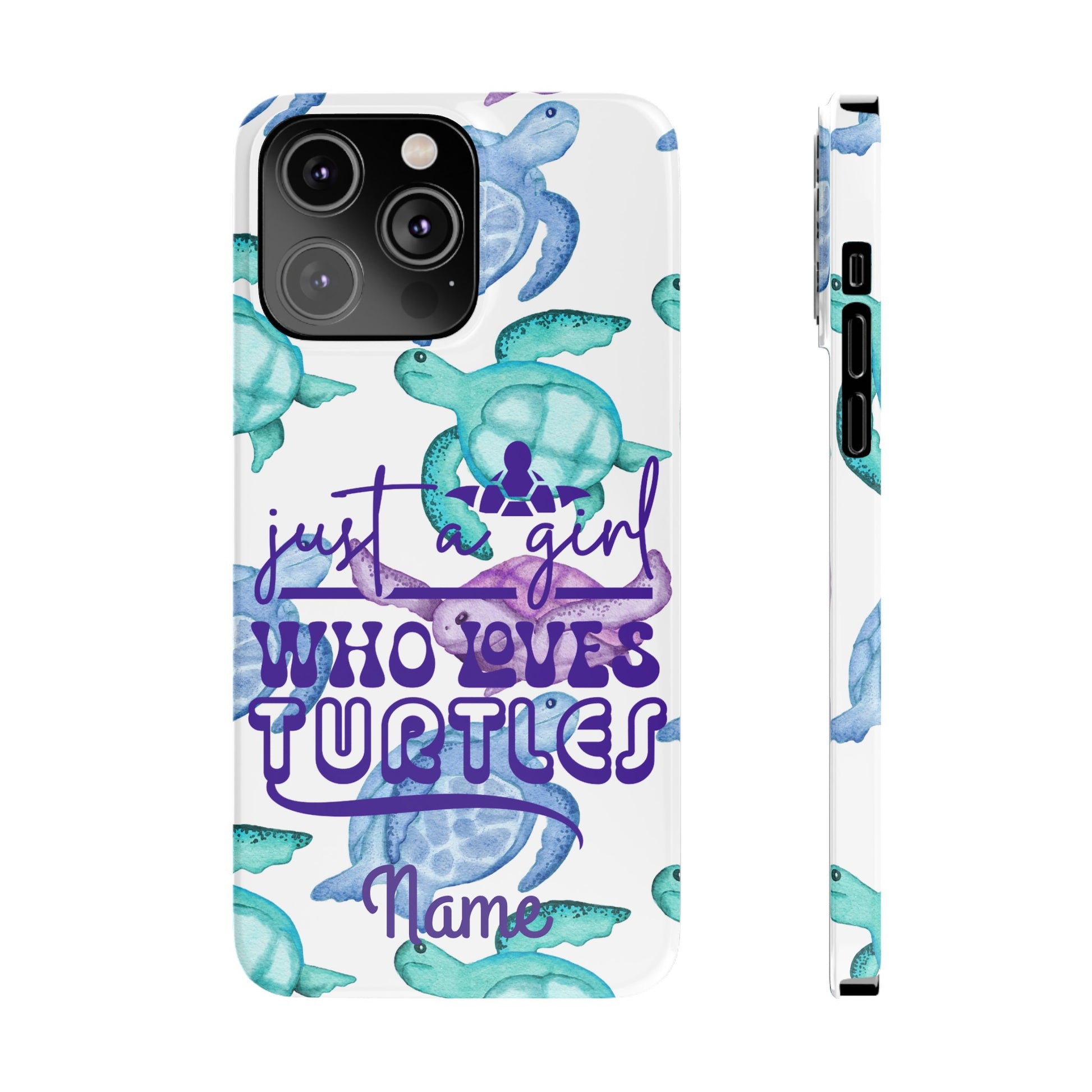 Iphone case with turquoise, blue and purple sea turtles that says  Just a Girl Who Loves Sea turtles